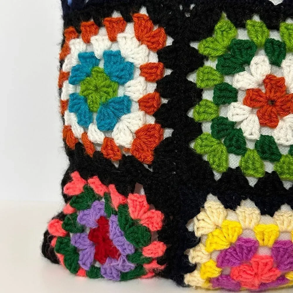 Pillow Crocheted Granny Square Colorful Decoration Black 14”x14”